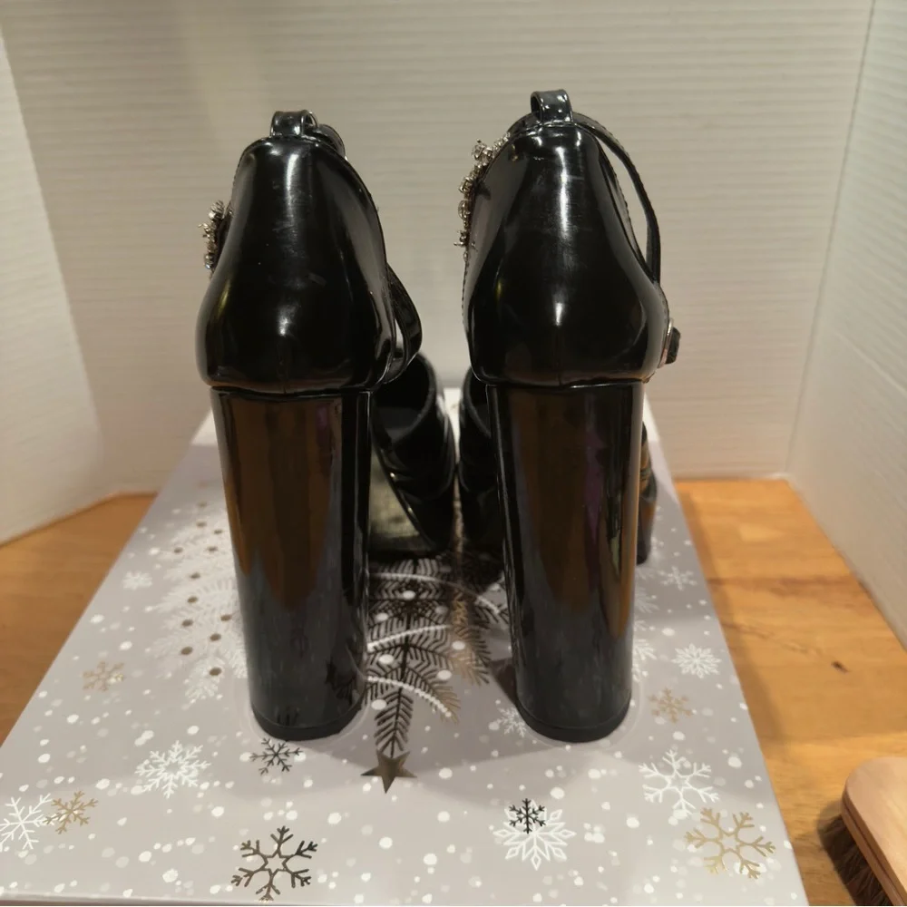 Numagin Black Platform Heels with Rhinestone Strap sz 37.5  or US‎ 7